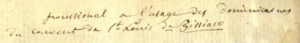 Nineteenth-century note identifying the manuscript as a, "processional a l'usage des dominicaines du couvert de St-Louis de Pissaico." Poissy processional, Bryn Mawr College, front pages